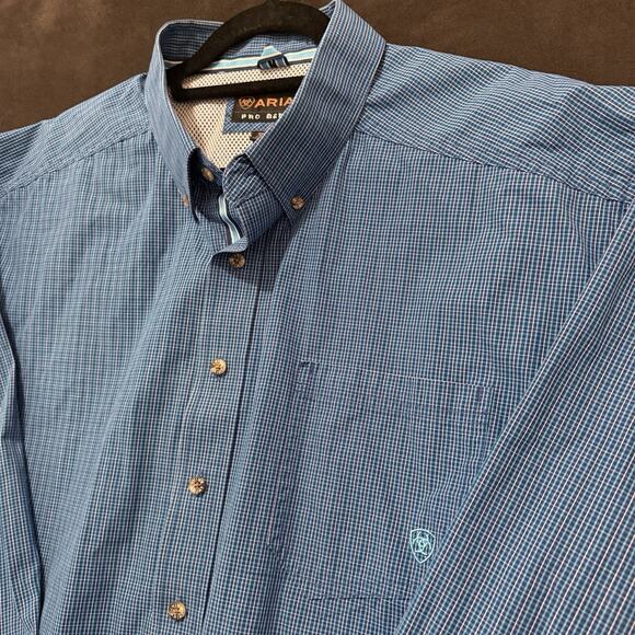 Ariat Pro Mens 2XL Shirt Blue Check Long Sleeve Western Rodeo Cowboy Ranch XXL - Picture 3 of 8